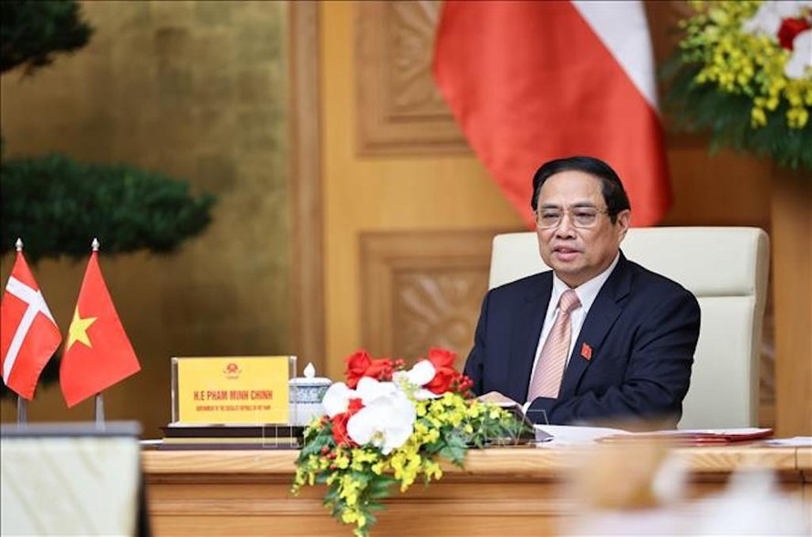 Thủ tướng Phạm Minh Chính hội đàm trực tuyến với Thủ tướng Đan Mạch Mette Frederiksen.