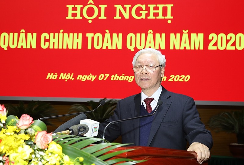 Tổng Bí thư, Chủ tịch nước Nguyễn Phú Trọng phát biểu tại Hội nghị Quân chính toàn quân năm 2020. Ảnh: Bộ Quốc phòng