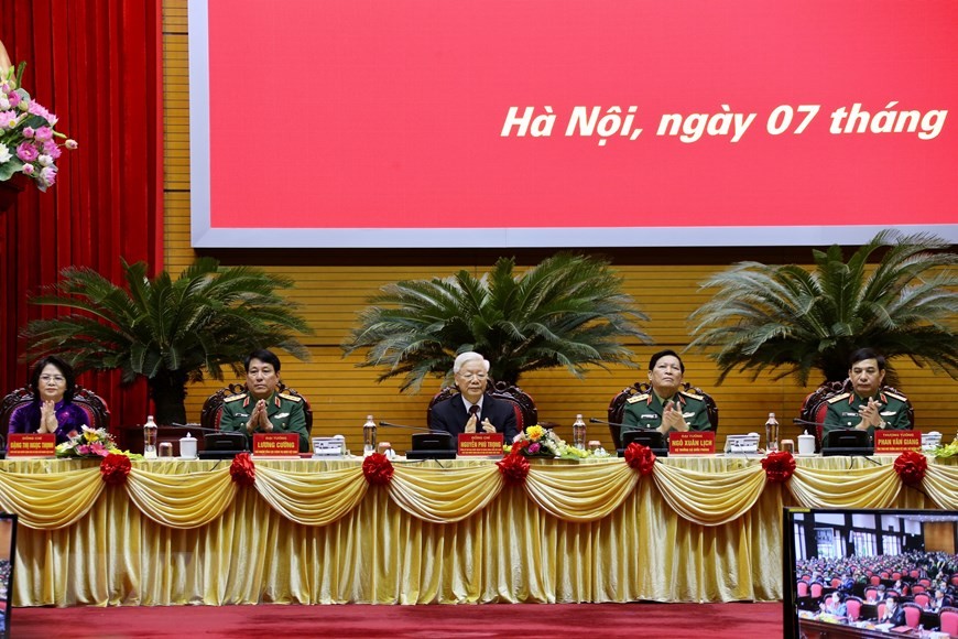 Tổng Bí thư, Chủ tịch nước Nguyễn Phú Trọng, Bí thư QUTƯ dự và chỉ đạo hội nghị. (Ảnh: Báo Chính phủ)