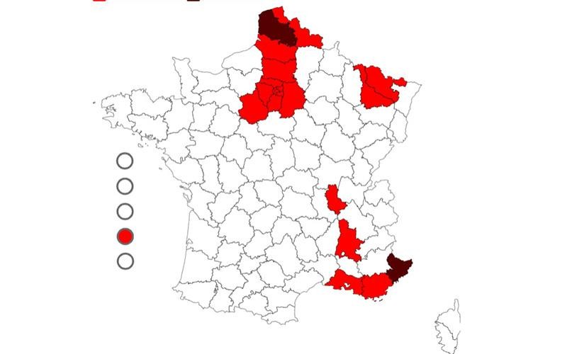 Biểu đồ tình hình dịch bệnh ở Pháp: Màu đỏ là nơi đang được giám sát chặt chẽ. Màu đỏ sẫm là nơi đang bị áp đặt hạn chế tối đa, gồm lệnh phong tỏa vào cuối tuần. (Ảnh: Nhân Dân)