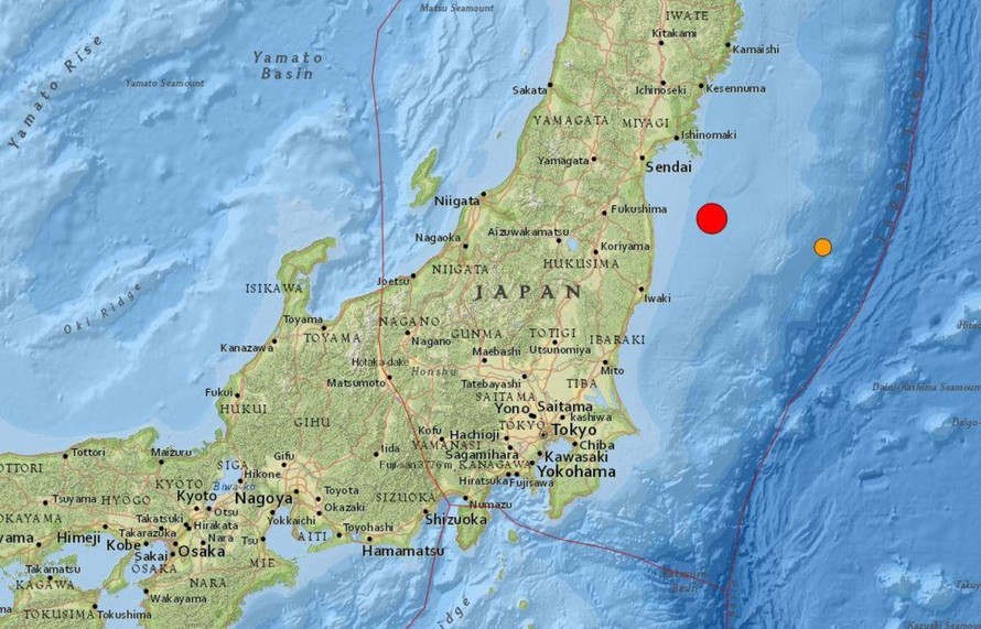 Tâm chấn của trận động đất xảy ra ngày 16/3 (dấu đỏ) tại Nhật Bản. (Ảnh: USGS)