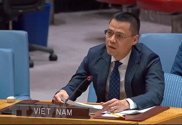 Đại sứ Đặng Hoàng Giang, Trưởng Phái đoàn Việt Nam tại Liên hợp quốc phát biểu. (Ảnh: Trần Thanh Tuấn/TTXVN)