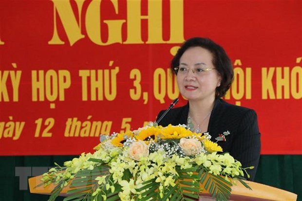 Bộ trưởng Bộ Nội vụ Phạm Thị Thanh Trà phát biểu tại một buổi tiếp xúc cử tri. (Ảnh: Việt Dũng/TTXVN)