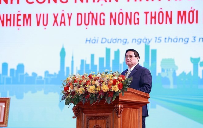 Thủ tướng Phạm Minh Chính phát biểu tại Lễ công bố Quyết định công nhận tỉnh Hải Dương hoàn thành nhiệm vụ xây dựng nông thôn mới. (Ảnh: Dương Giang/TTXVN) 