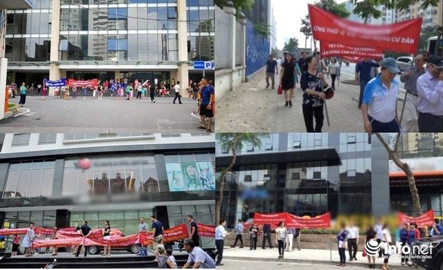 Hình ảnh cư dân căng băng rôn biểu tình tại một dự án bất động sản của Hà Nội. Nguồn: Infonet.
