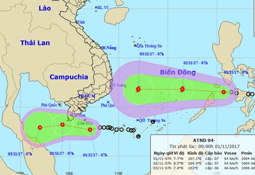 Dự báo đường đi và khu vực ảnh hưởng của hai áp thấp nhiệt đới. Ảnh: NCHMF.