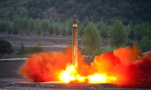 Tên lửa Triều Tiên trong một vụ phóng thử. Ảnh:KCNA.