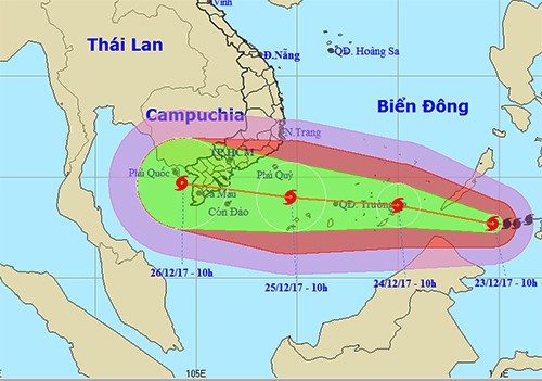 Dự báo đường đi và khu vực ảnh hưởng của bão Tembin lúc 11h ngày 23/12. Nguồn: NCHMF.