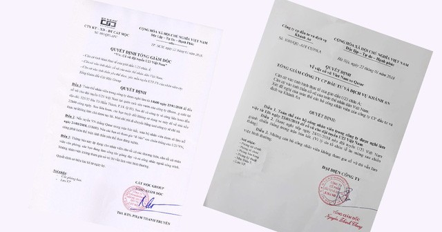 Các văn bản đóng dấu đỏ quyết định cho nhân viên nghỉ làm để cổ vũ trận bán kết giữa U-23 Việt Nam với U-23 Qatar