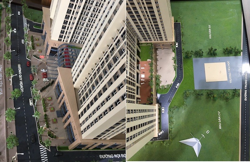Phối cảnh mặt trước và mặt sau của Tổ hợp dự án khu nhà ở cao tầng kết hợp TTTM, văn phòng cho thuê và trường tiểu học của Văn Phú – Trung Kính đã được phê duyệt.