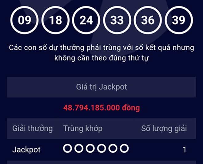 Kết quả mở thưởng kỳ 72 xác định 1 vé trúng giải Jackpot với dãy số may mắn 09-18-24-33-36-39