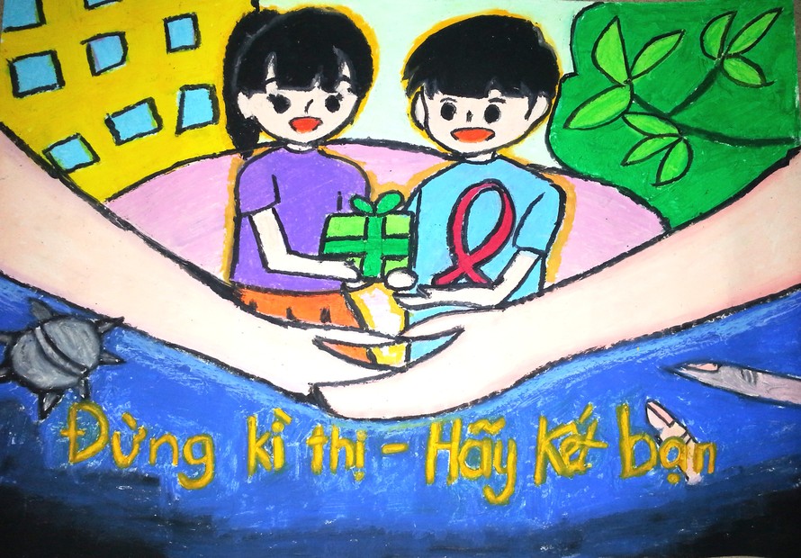 Ảnh minh họa (Một bức tranh vẽ của trẻ em trong cuộc thi “Vẽ tranh và sáng tác Thông điệp dành cho trẻ em về Chăm sóc và chống kỳ thị đối với trẻ em bị ảnh hưởng bởi HIV/AIDS” năm 2016)
