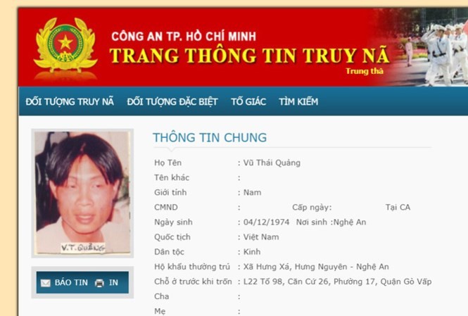Thông tin truy nã bị can Vũ Thái Quảng trên Cổng thông tin điện tử Công an TPHCM.