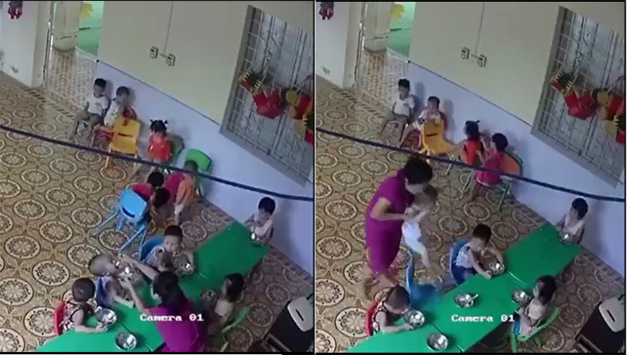 Giáo viên mầm non nhồi nhét thức ăn, đánh không thương tiếc bé trai 2 tuổi ở Hà Nội.(Ảnh: cắt từ clip)