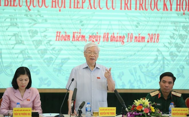 Tổng bí thư Nguyễn Phú Trọng phát biểu tại buổi tiếp xúc cử tri sáng 8/10. Ảnh: Ngọc Thắng.