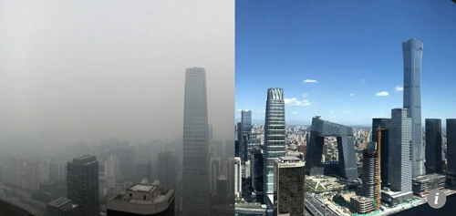 Bầu trời Bắc Kinh hôm thứ hai (trái) so với cùng một địa điểm hồi đầu tháng 9 (phải). Ảnh: SCMP.