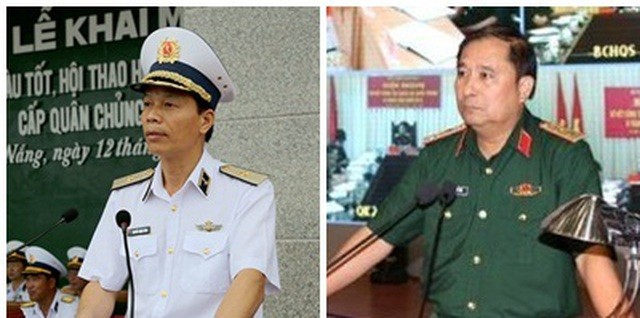 Từ trái qua, Chuẩn Đô đốc Hải quân Nguyễn Trọng Bình và Trung tướng Phùng Sĩ Tấn, Tư lệnh Quân khu 2 cùng được bổ nhiệm làm Phó Tổng tham mưu trưởng.