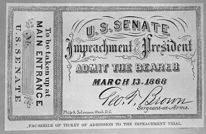 Một tấm vé được Thượng viện Mỹ bán ra cho người muốn theo dõi phiên luận tội Tổng thống Andrew Johnson. Ảnh: AP.