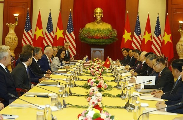 Tổng Bí thư Nguyễn Phú Trọng hội đàm với Tổng thống Hoa Kỳ Joe Biden. (Ảnh: Trí Dũng/TTXVN)