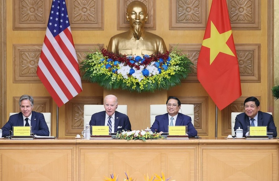 Thủ tướng Phạm Minh Chính và Tổng thống Hoa Kỳ Joe Biden dự Hội nghị cấp cao Việt Nam-Hoa Kỳ về Đổi mới sáng tạo và Đầu tư. (Ảnh: Dương Giang/TTXVN)