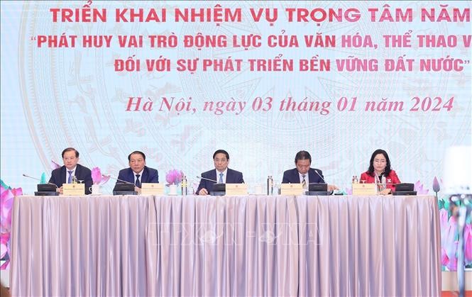 Thủ tướng Phạm Minh Chính và lãnh đạo Bộ Văn hoá, Thể thao và Du lịch chủ trì hội nghị. Ảnh: TTXVN 