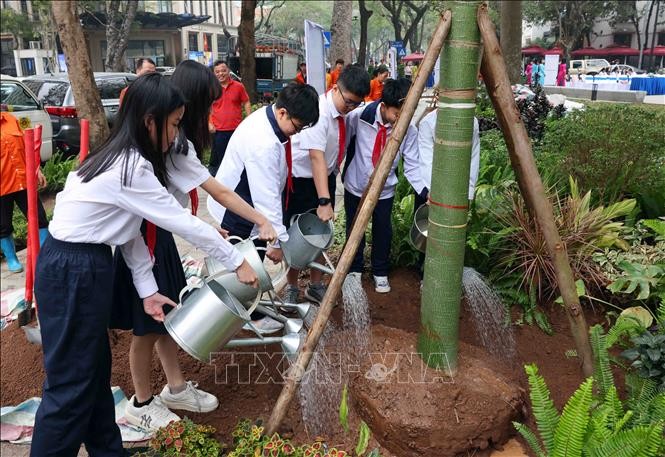 Học sinh Trường THCS Trưng Vương trồng cây tại vườn hoa Tao Đàn, Hoàn Kiếm, Hà Nội. Ảnh: Phạm Kiên - TTXVN