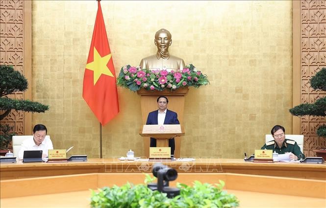Thủ tướng Phạm Minh Chính chủ trì Phiên họp Chính phủ chuyên đề về xây dựng pháp luật tháng 4/2024. Ảnh: Dương Giang - TTXVN