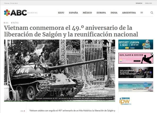 Ảnh chụp màn hình bài báo về Chiến thắng 30/4 của dân tộc Việt Nam đăng trên báo ABC Mundial của Argentina. Ảnh: Diệu Hương, phóng viên TTXVN tại Argentina