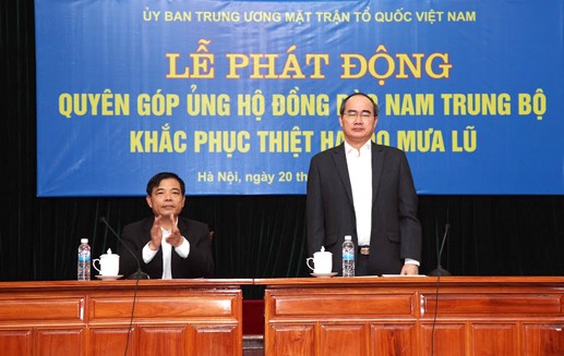 Chủ tịch Ủy ban Trung ương MTTQ Việt Nam Nguyễn Thiện Nhân phát biểu tại buổi phát động. Ảnh: Báo Đại đoàn kết