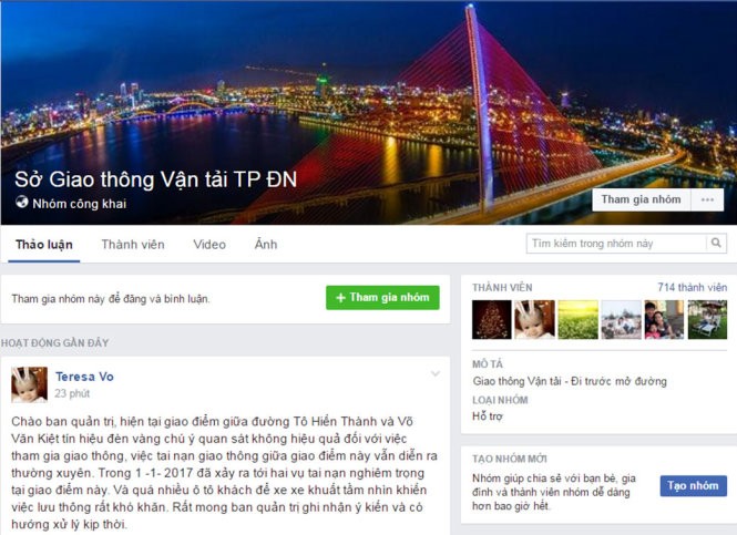 Giao diện trang facebook của Sở GTVT TP Đà Nẵng.