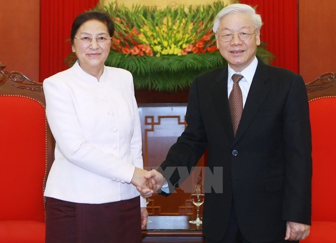 Tổng bí thư Nguyễn Phú Trọng tiếp Chủ tịch quốc hội Lào Pany Yathotou sang thăm hữu nghị chính thức Việt Nam. Ảnh: Lâm Khánh/TTXVN.