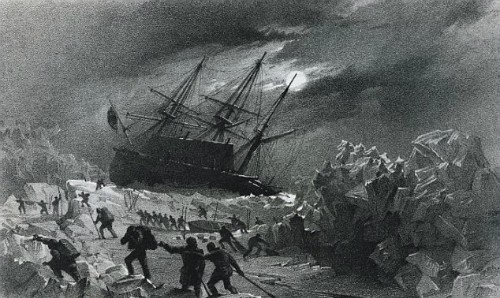 Minh họa một trong 2 con tàu bị kẹt giữa băng. Tranh: De Agostin.