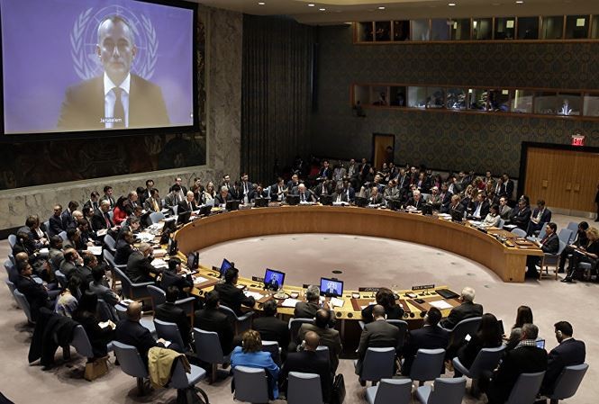 Hội đồng Bảo an Liên Hợp Quốc nghe bài phát biểu của đặc phái viên của LHQ tại Trung Đông Nickolay Mladenov. Ảnh: AP