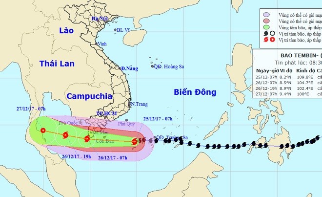 Vị trí và hướng di chuyển tiếp theo của bão số 16 – Tembin. Ảnh Trung tâm Dự báo KTTVTƯ.