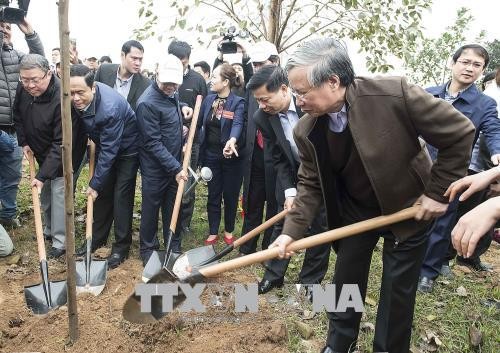 Đồng chí Trần Quốc Vượng cùng các đại biểu đã trồng cây xanh tại Lăng Kinh Dương Vương. Ảnh: TTXVN