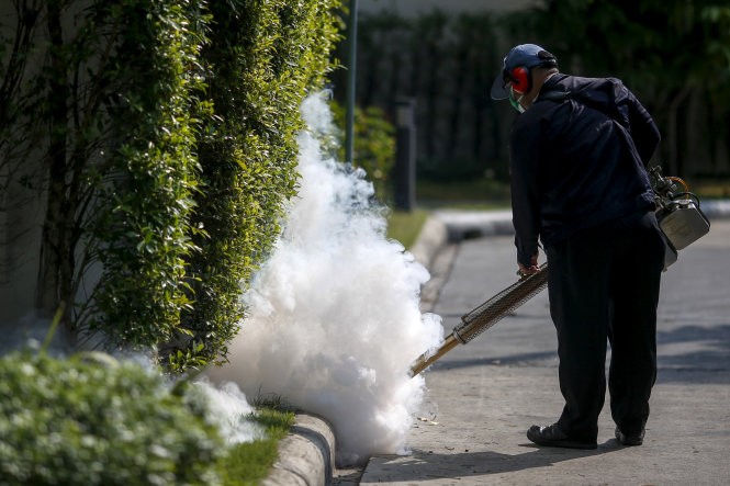 Một nhân viên phun thuốc diệt muỗi ở thủ đô Bangkok của Thái Lan - Ảnh: Reuters
