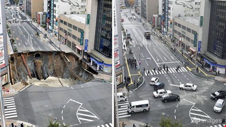 Hố khổng lồ trên đường ở Nhật Bản từng được lấp trong vòng một tuần. 