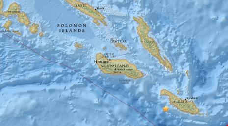 Tâm chấn động đất gần quần đảo Solomon ở nam Thái Bình Dương. Ảnh: AP