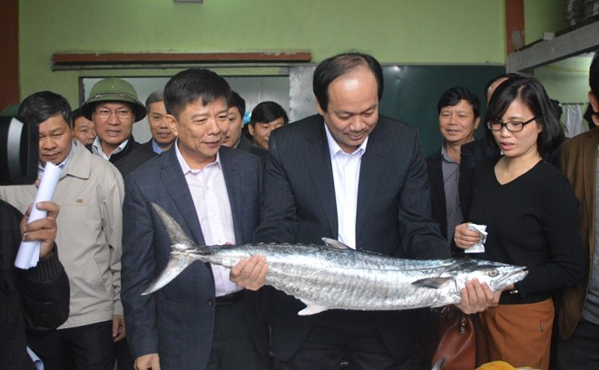 Bộ trưởng Mai Tiến Dũng cùng lãnh đạo tỉnh Quảng Bình kiểm tra hải sản vừa đánh bắt xa bờ nhập kho tại có sở An Bình. 