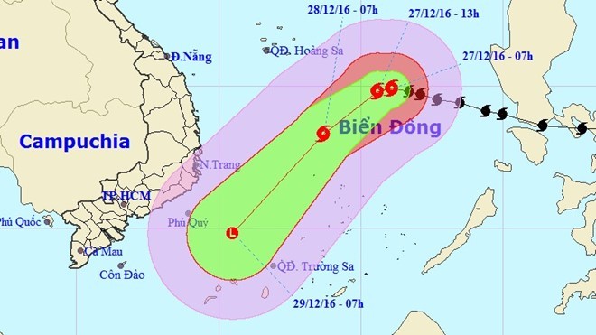 Hướng di chuyển của bão số 10 từ ngày 27 đến 29/12. Ảnh: Trung tâm dự báo Khí tượng Thủy văn Trung ương.