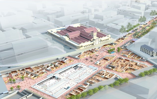 Trung tâm thương mại ngầm Bến Thành sẽ nằm dưới lòng đất trước khu vực chợ Bến Thành, vòng xoay Quách Thị Trang. Ảnh: BQL dự án Metro tuyến Bến Thành - Suối Tiên .