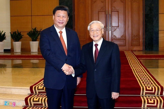 Tổng bí thư Nguyễn Phú Trọng tiếp đón Tổng bí thư, Chủ tịch Trung Quốc Tập Cận Bình khi ông tới thăm Việt Nam tháng 11/2015.
