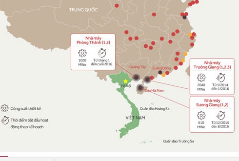 Vị trí các nhà máy điện hạt nhân của Trung Quốc gần Việt Nam. 