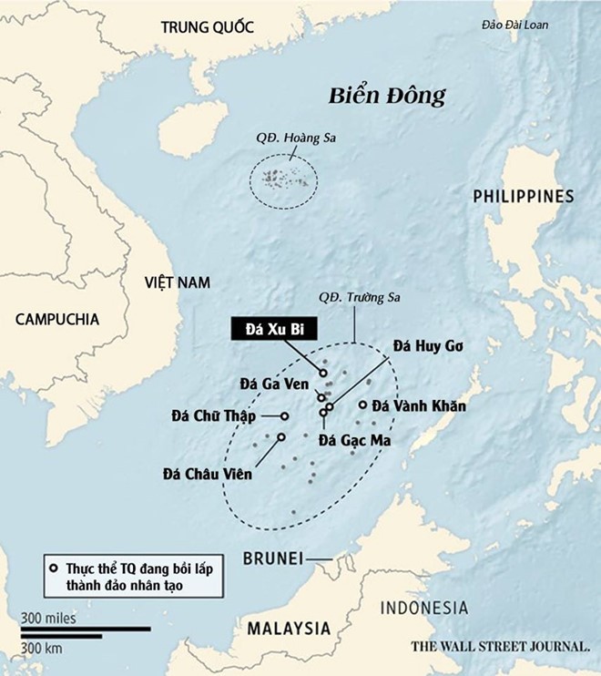 Các đảo nhân tạo mà Trung Quốc bồi lấp trái phép trên Biển Đông. Ảnh: WSJ.