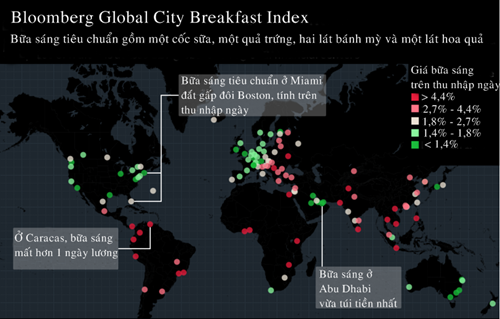 Chỉ số Bloomberg Global City Breakfast tính giá bữa sáng trên thu nhập ngày tại 129 thành phố.