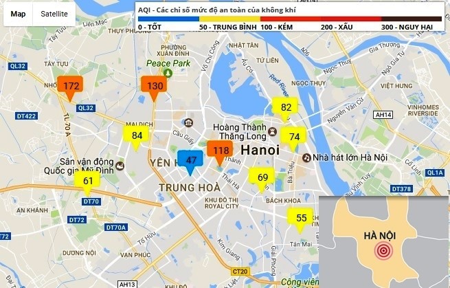 Bản đồ chỉ số ô nhiễm không khí ở thành phố Hà Nội. Nguồn: Moitruongthudo.com.