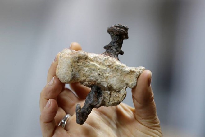 Bản sao của xương gót chân bị đinh đóng xuyên qua từ thế kỷ I sau Công nguyên, là bằng chứng duy nhất được tìm thấy về hình phạt đóng đinh thời Chúa Jesus. Ảnh: Reuters.