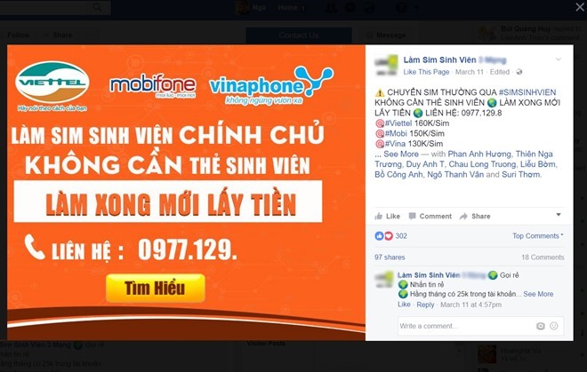 Quảng cáo chuyển đổi SIM thường sang SIM sinh viên rất phổ biến trên mạng xã hội. Ảnh: chụp màn hình Facebook " Làm Sim sinh viên *****".