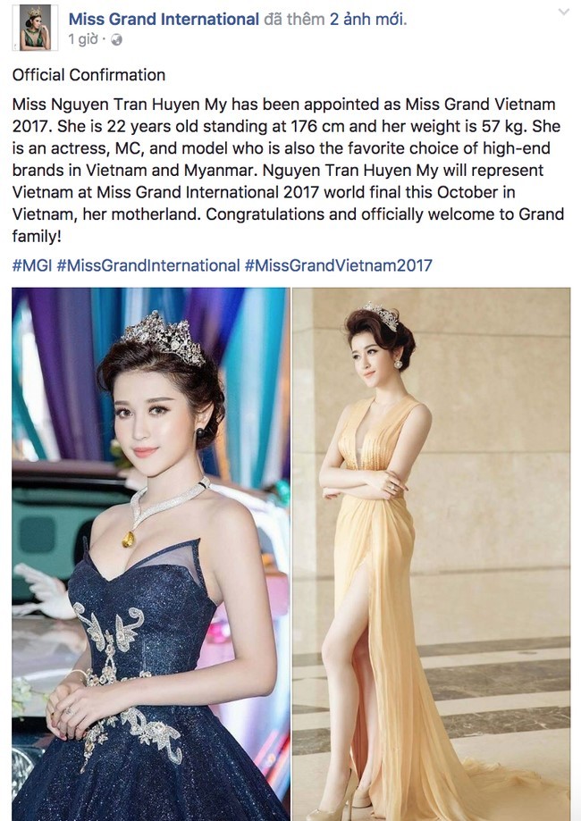 Fanpage của Miss Grand International xác nhận thông tin Huyền My dự thi. Ảnh: Facebook.