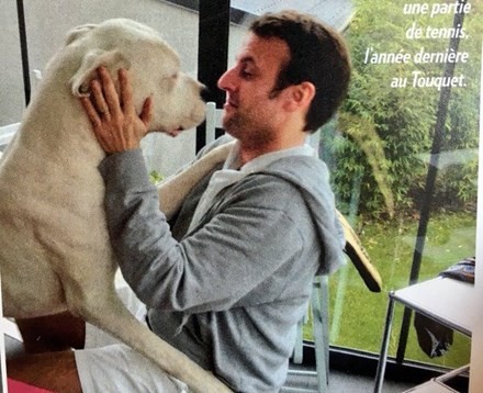 Ông Emmanuel Macron trong một bức ảnh chụp cùng chú chó cưng có tên Figaro.